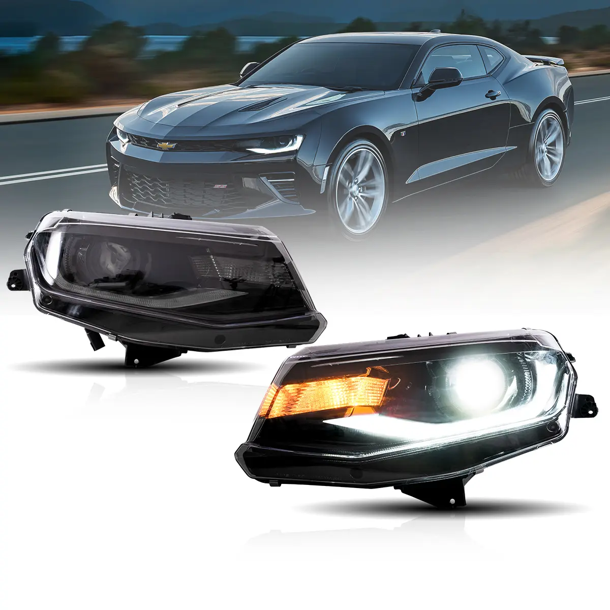2016～2018年式 シボレー カマロ／2019～2024年式 カマロ ZL1用 VLAND LED デュアルビームプロジェクターヘッドライト（ブラック）