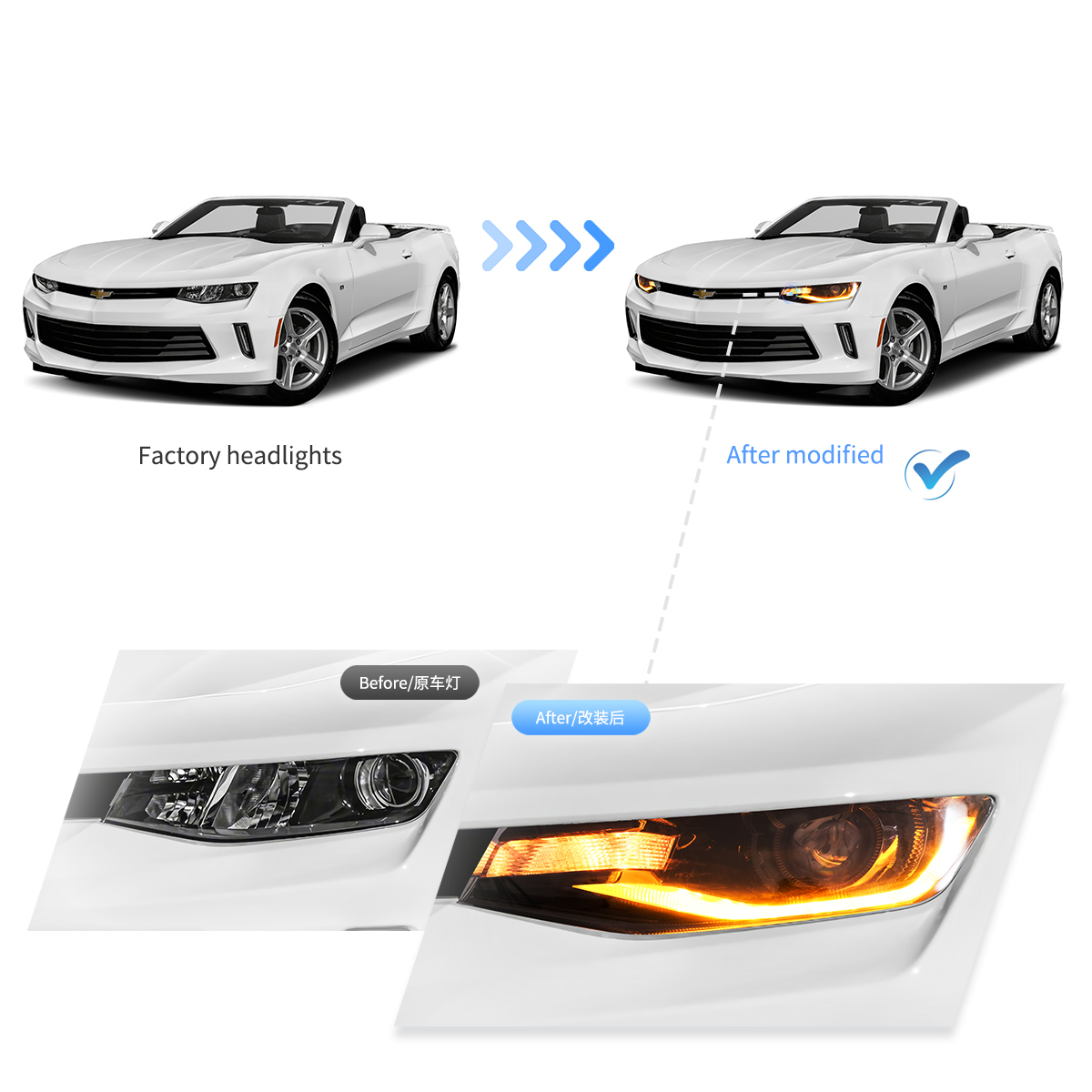 2016～2018年式 シボレー カマロ／2019～2024年式 カマロ ZL1用 VLAND LED デュアルビームプロジェクターヘッドライト（ブラック）