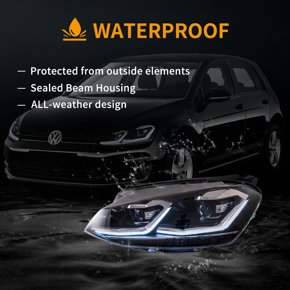 フォルクスワーゲン 2015-2017 Golf MK7 ハロゲンモデル用 VLAND フルLEDヘッドライト（欧州仕様：2013-2016年モデル）Eマーク認証付き