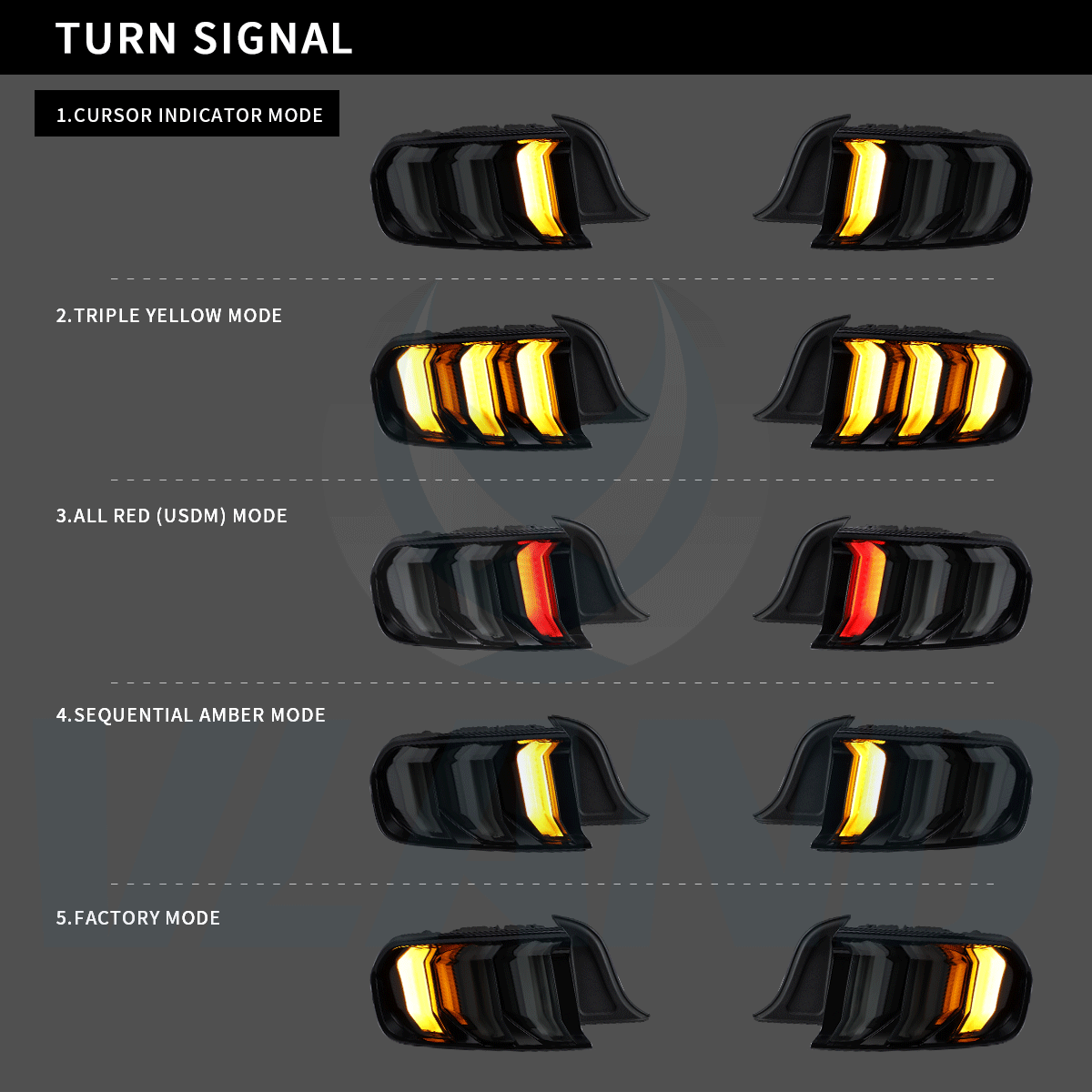 VLAND 2015-2023年 フォード マスタング S550 LEDテールライト 5パターン点灯 ウインカー機能付き Eマーク取得済み
