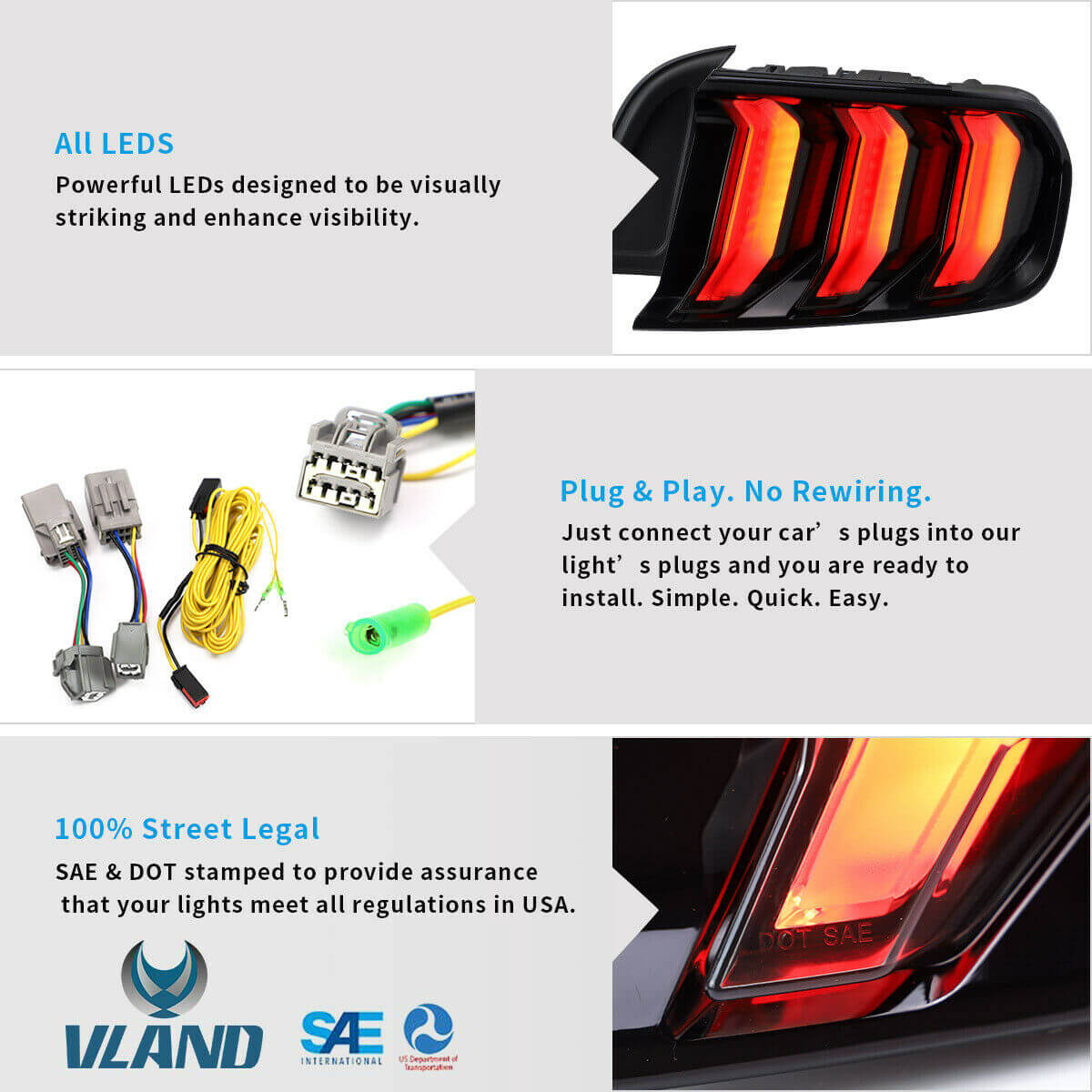 VLAND 2015-2023年 フォード マスタング S550 LEDテールライト 5パターン点灯 ウインカー機能付き Eマーク取得済み