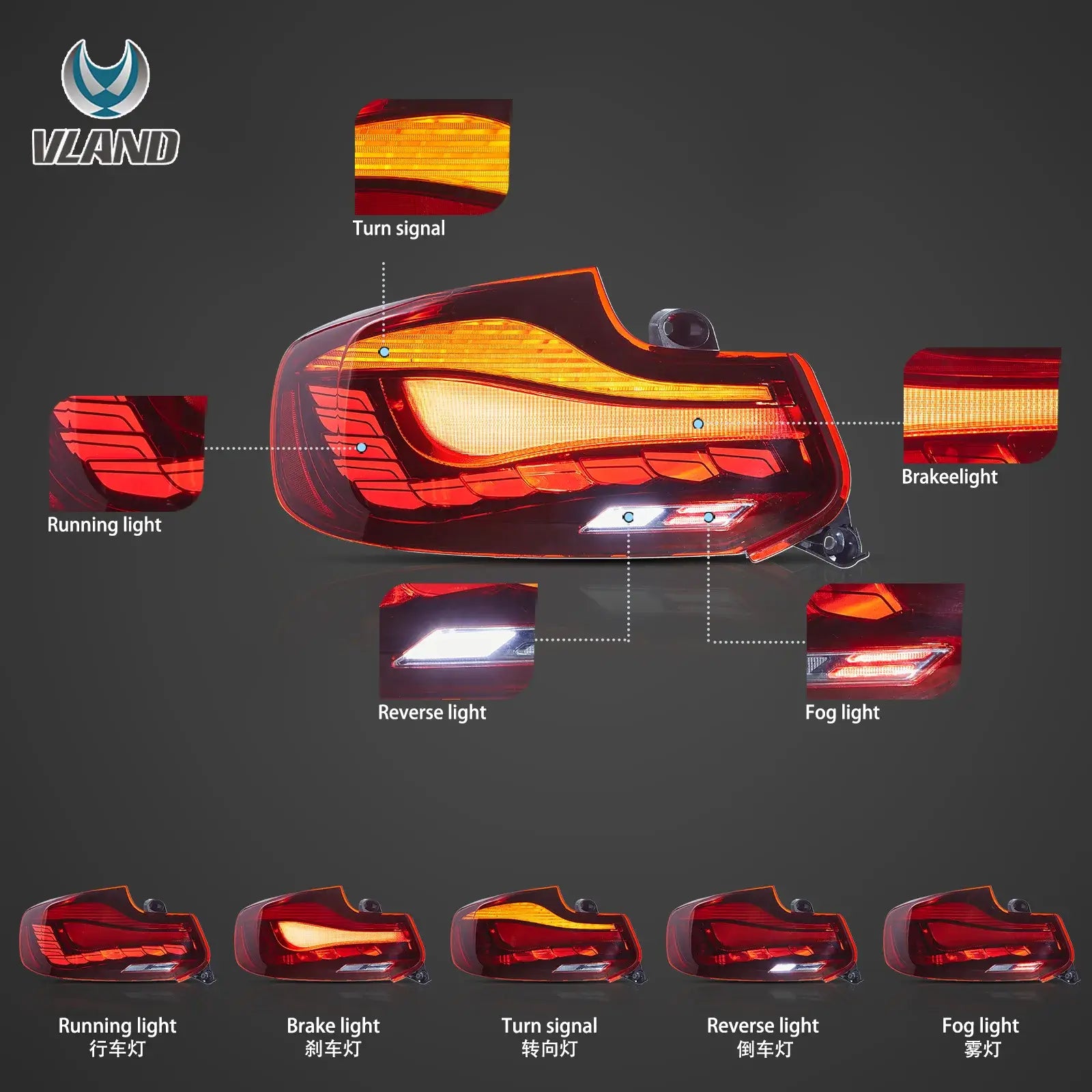 VLAND BMW 2シリーズ F22/F23・M2 F87（2014～2021年式）用 OLEDテールライト ダイナミック点灯機能付き GTSスタイル Eマーク認証取得