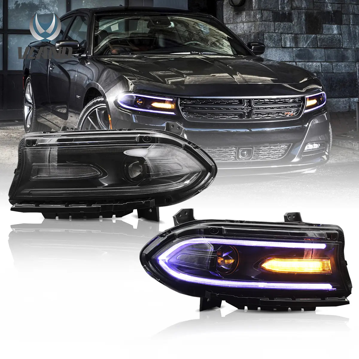 15-22 Dodge Charger 7th Generation (LD) Vland RGB Style Dual Beam Projector Headlight Black